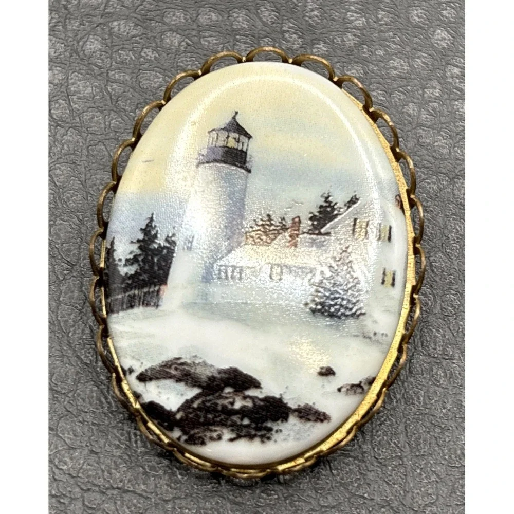 Vintage Winter Lighthouse in Snow Landscape Brooch Pin Gold Tone